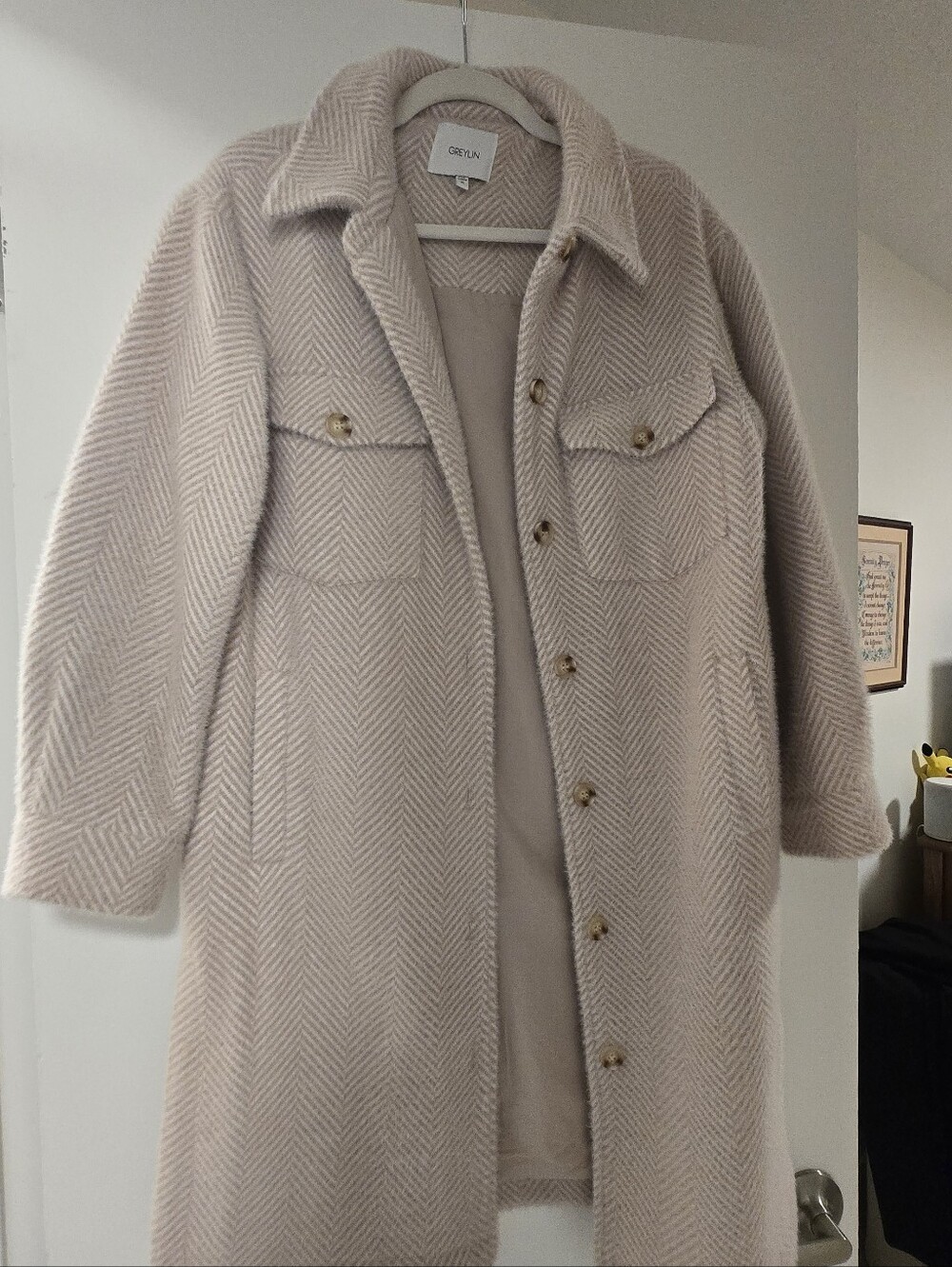 Greylin Cream Herringbone Plush Trench Coat | Anthropologie